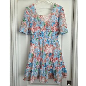Simply Southern Floral Tiered Ruffle Open Back Short Sleeve Dress Sz S‎